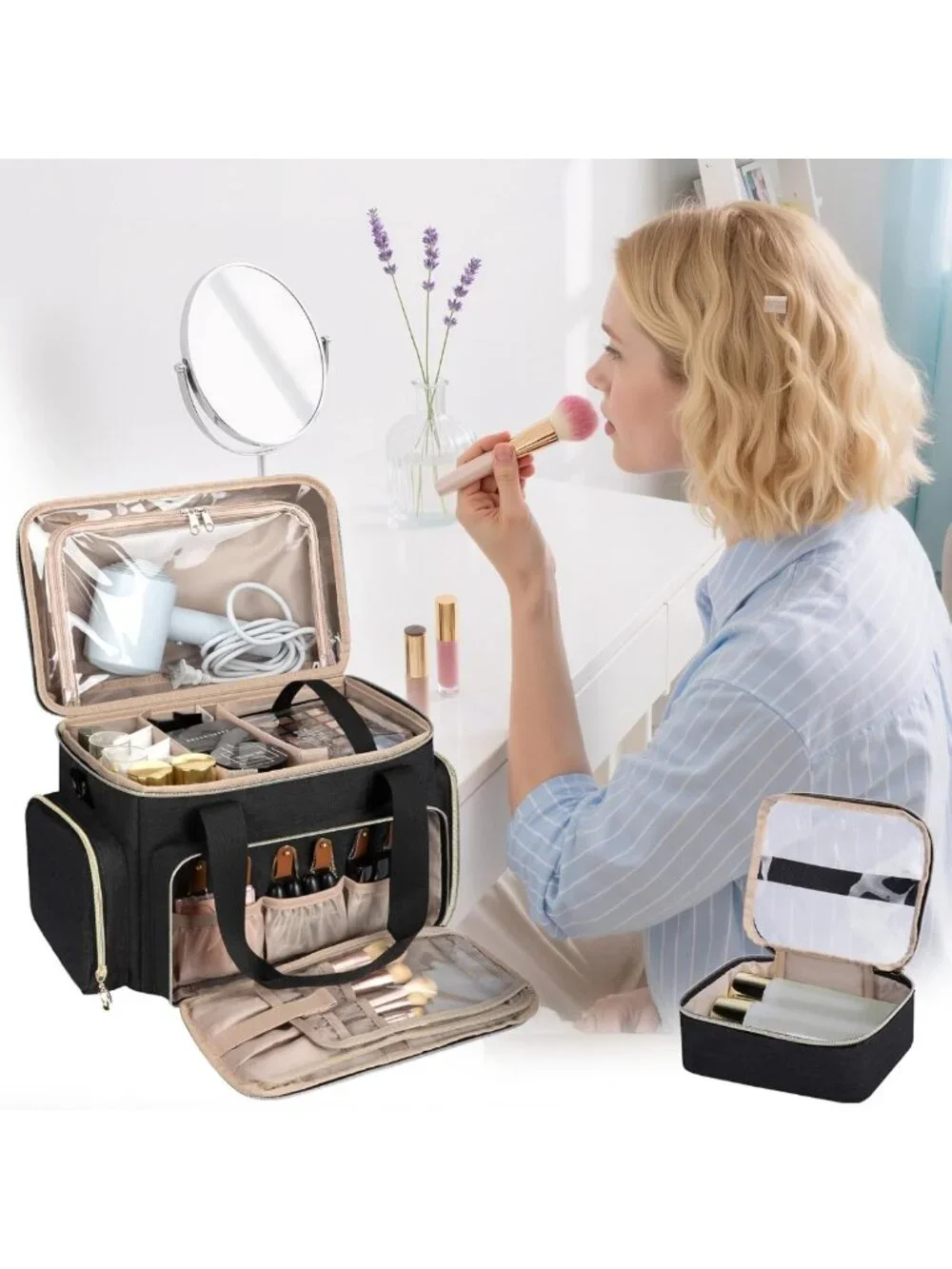 Spacious Travel Makeup Organizer Bag with Removable Pouches & Dividers - Black